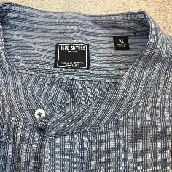 Todd Snyder Mens XL Blue Stripe Band Collar Button Up Shirt Tailored Quality - Picture 5 of 14